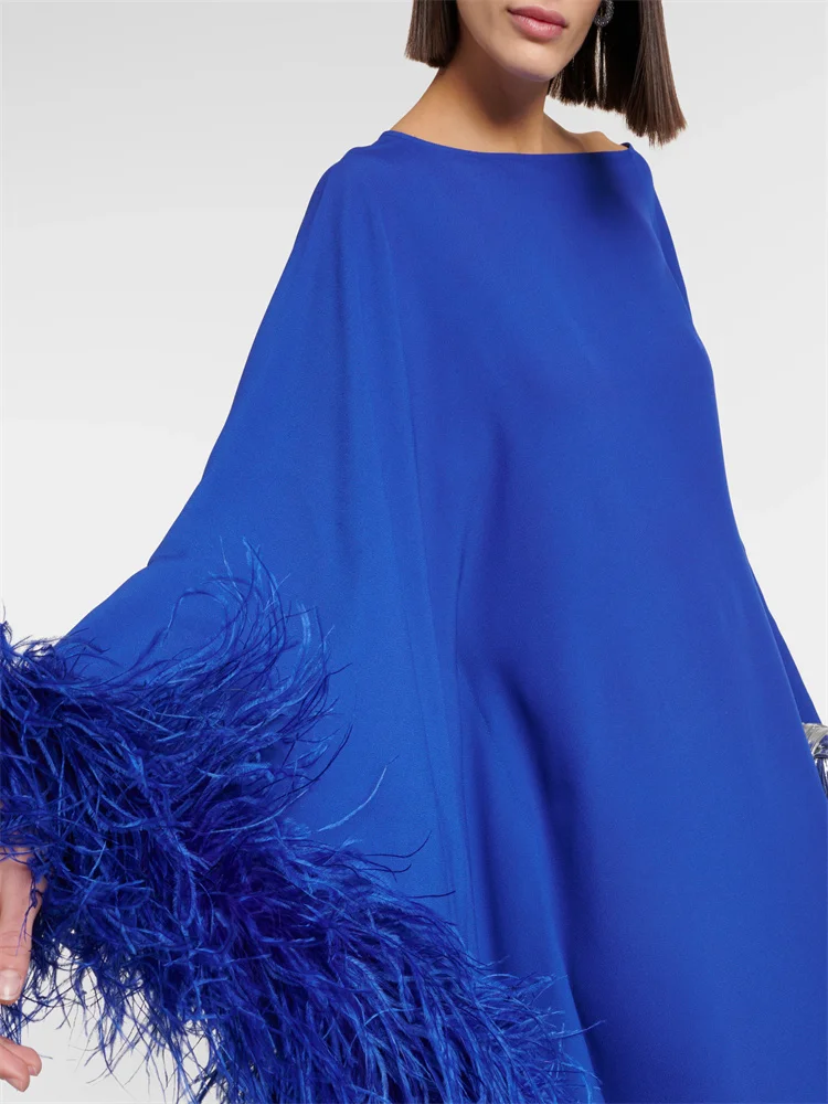 New Arrival Asymmetric Round Neckline Crepe Prom Dresses Elegant Cape Long Sleeves Ankle Length With Feather Gown For Women 2024