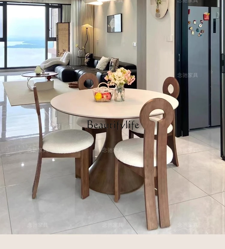 

French Vintage Style Solid Wood Rock Slab Dining Table Home White Ash Wood Retro Style Living Room Round Table