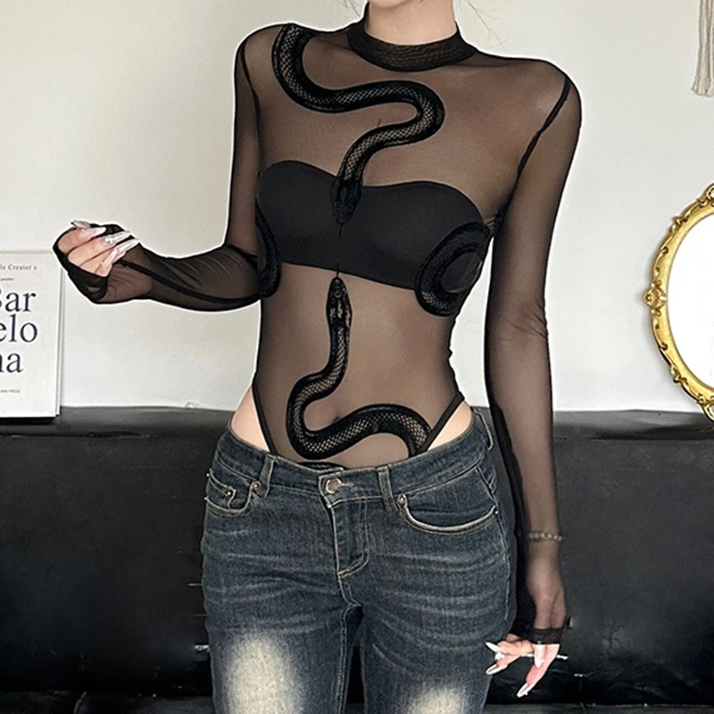 Body de malla de manga larga para mujer, leotardos transparentes con cuello redondo, Top de mono de serpiente con entrepierna, ropa para discoteca, regalos
