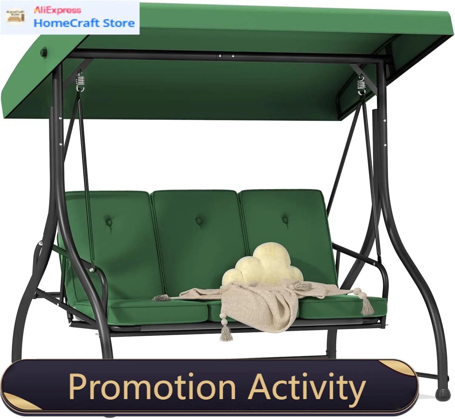 

Зеленые 3-местные уличные качели-глайдер с регулируемым навесом и съемными подушками для заднего двора, сада, бассейна, балкона, патио
