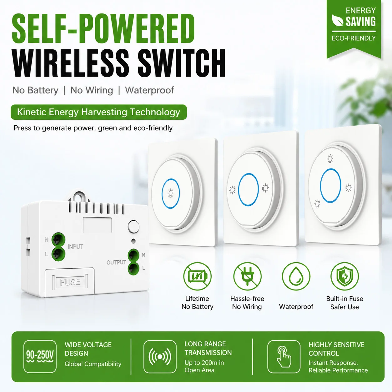 No Battery Self Powered Remote Switch Base Detachable 1/2/3 Gang Circular Rebound Button Wireless Waterproof Kinetic Switches