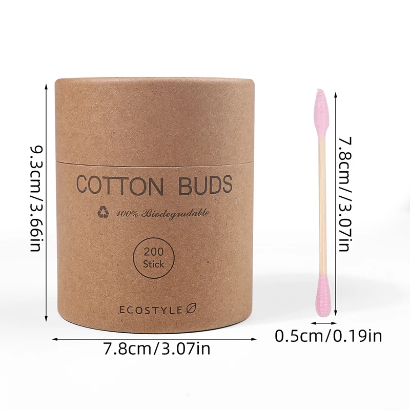 200pcs Boxed Carton Disposable Double-end Pointed And Round Design Wood Disinfect Makeup Removal Cotton Sticks