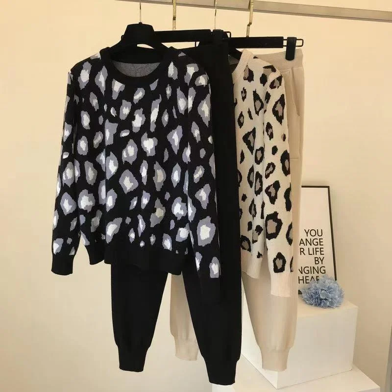 Winter New Casual Elegant Women\'s Sets Knit Outfit Leopard Long Sleeve Top Loose Sweater Elastic Waist Pencil Pants Set Sporty