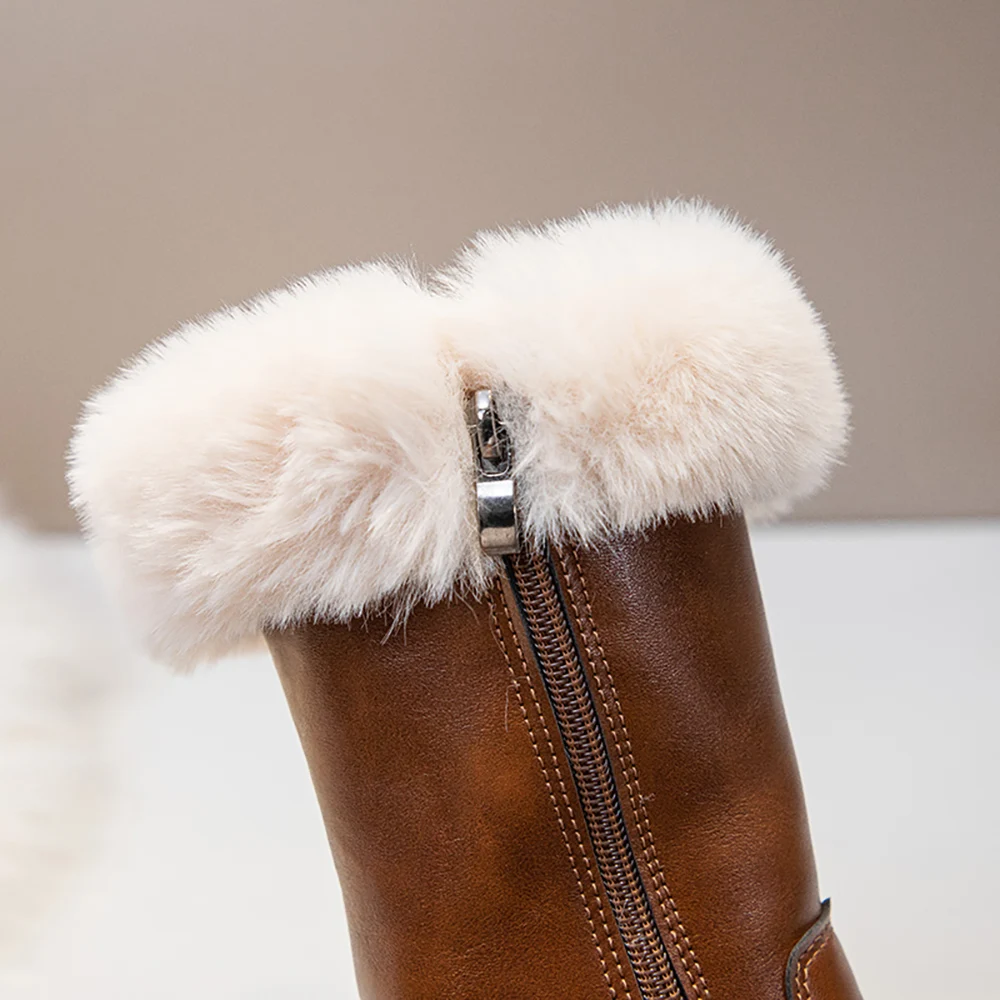 Winter Plush Boots For Girls PU Leather Faux Fur Teenager Girl's Snow Boots Calf Length Winter Long Boots For Girls Warm Shoes