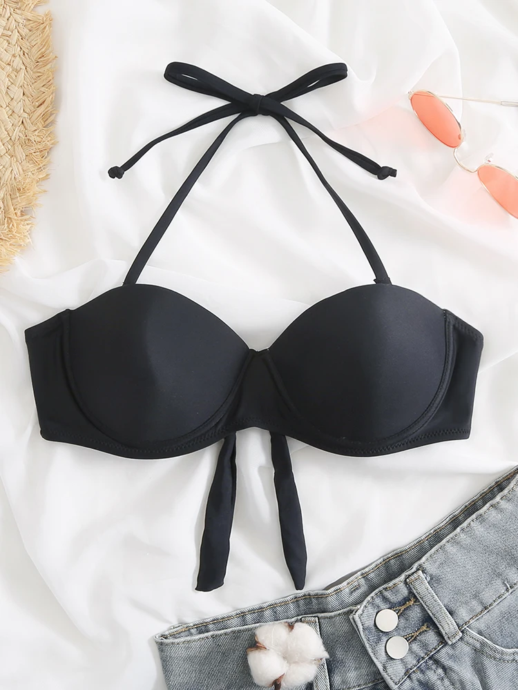 Bikini Top Women Swimsuit 2023 New Push Up Bikinis Swimwear Thong Bottoms Briefs Solid Black Lace Up Bathing Suit Bra Beach Wear