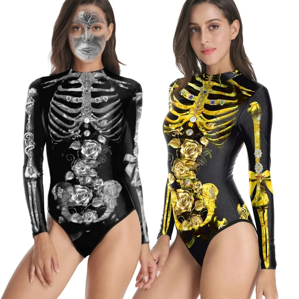 [Teanoon] Scary Ghost Punk Style Skeleton Pattern Print Women Halloween Dress Party Carnival Performance Bodysuits