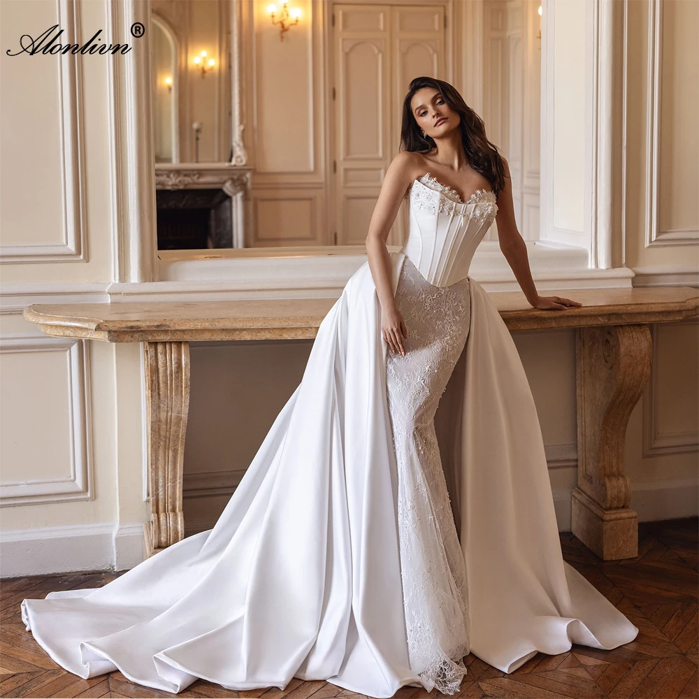Alonlivn مخصص خمر 2 في 1 حورية البحر فساتين الزفاف الجمال مطرز اللؤلؤ يزين الدانتيل الحبيب البوق فساتين الزفاف