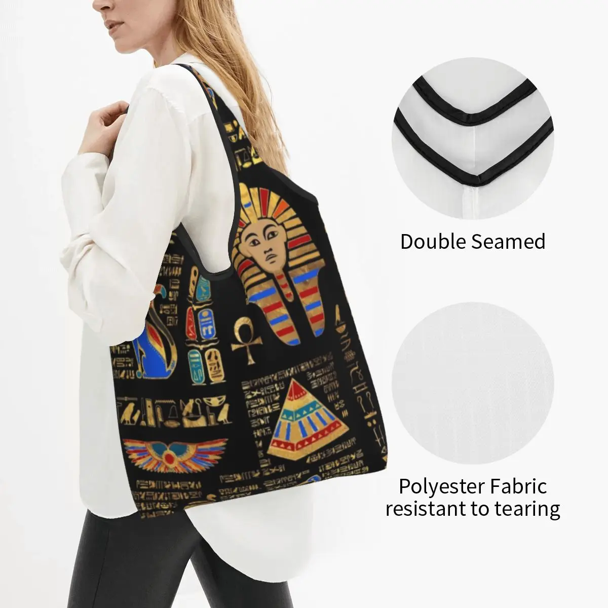 Egyptian Hieroglyphs And Deities Grocery Shopping Tote Bags Women Cute Ancient Egypt Art Shopper Shoulder Bags Big Handbag