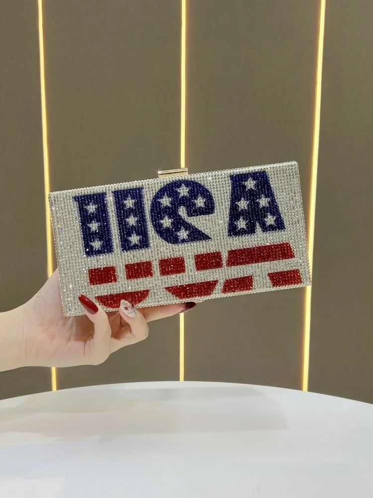 New European And American Style Women's Evening Clutch Purse Luxury Diamond-encrusted Letter Pattern Rectangle Evening Bag