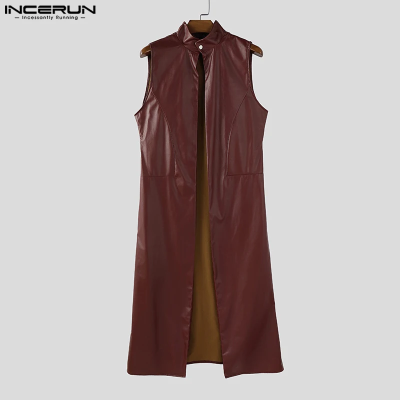 

INCERUN Men Long Style Vests PU Leather Solid Color Stand Collar Sleeveless Male Waistcoats Streetwear 2025 Fashion Casual Vests