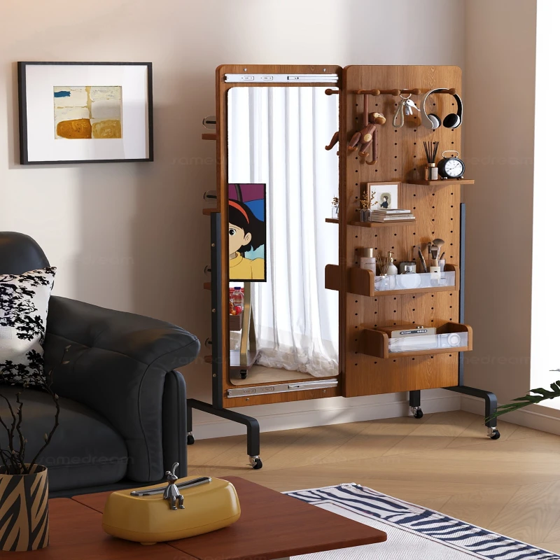 

Movable solid wood full-body mirror Floor mirror Hidden hole plate full-length mirror