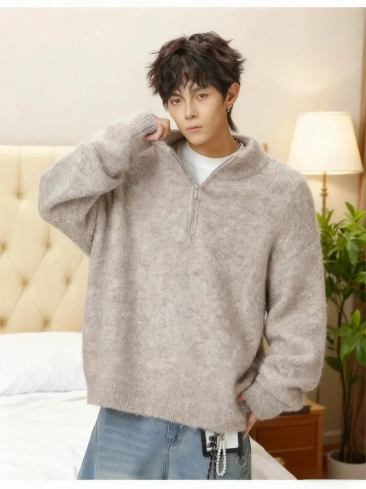 

Корейский повседневный пуловер с высоким воротником и полумолнией — вязаный свитер в стиле ретро