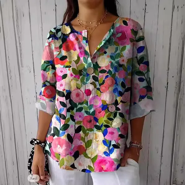 

summer women's shirts casual Retro Flower print Long Sleeve Shirt Hawaiian style printed v-neck shirts Women tops blusas mujer