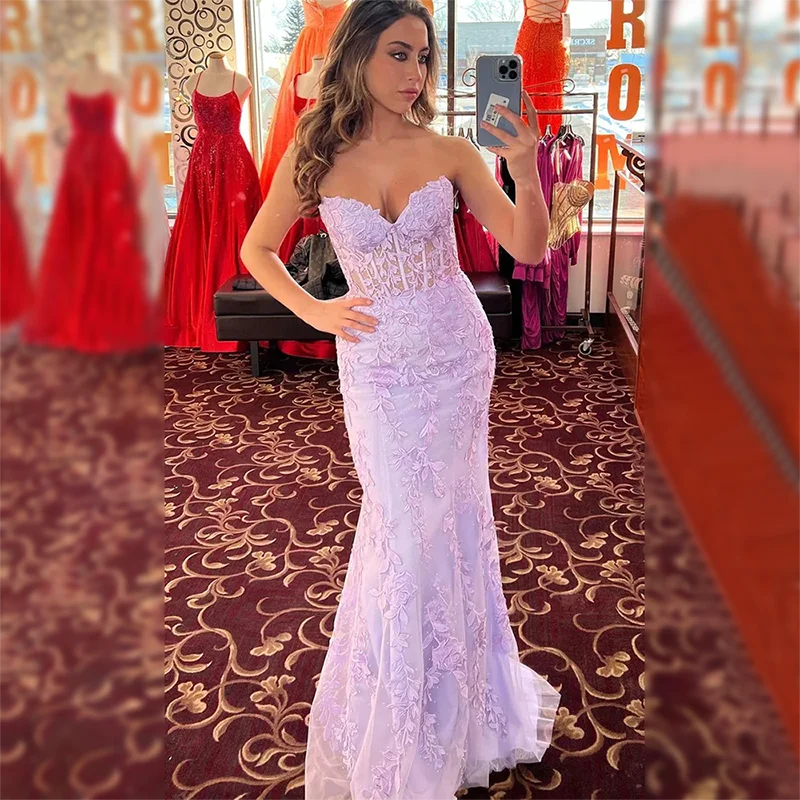 

BLUE Prom Dresses Lavender Lace Appliques Evening Gown Lace-up Back Sweetheart Mermaid Floor-length Vestido De Noche for Women