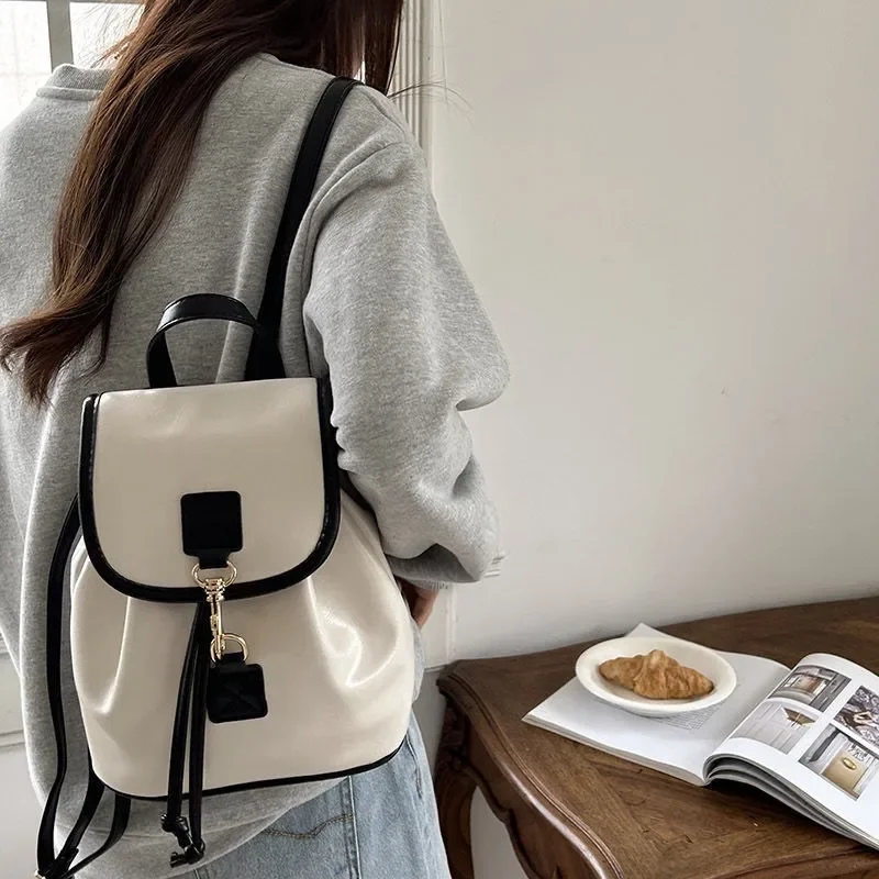 Xiuya White Elegant Womens Backpack Korean Style Fashion Leather Casual Backpacks Contrast Color Female Simple Aesthetic Bags