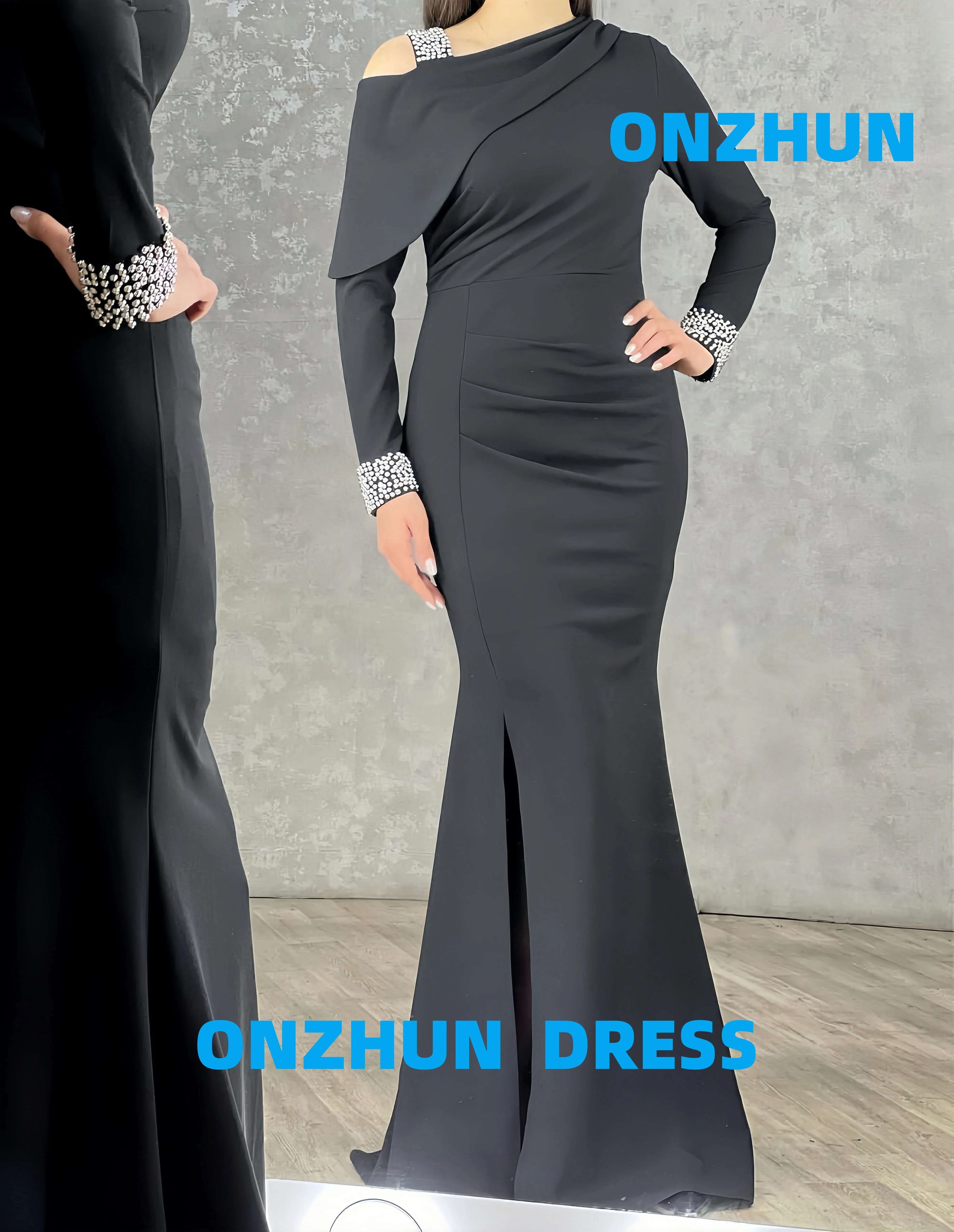 Personalizado de um ombro de manga comprida sereia cetim elegante luxuoso vestidos de noite feminino vestido de noite moderno vestidos de noite