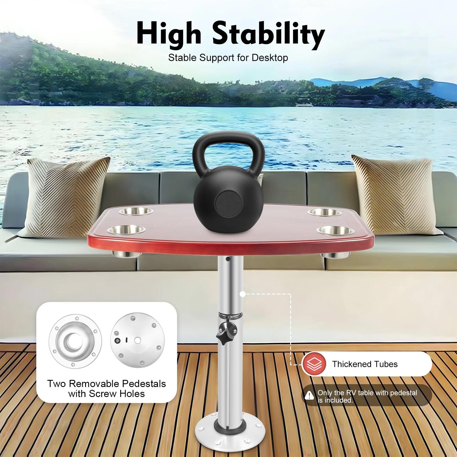 RV ,Removable RV  Varnished Oak  for Caravan RV Marine Boat Adjustable Height with 4 Cup Holders