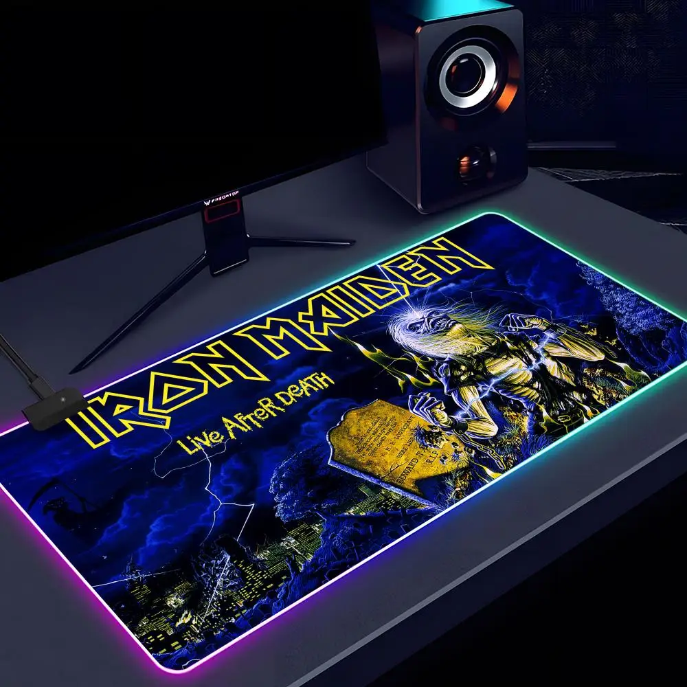 I-Iron M-Rock M-Maiden Mouse Pad RGB Luminous 900X400mm Large Table Mat Non-slip Extra Large Game Office Mouse Pad