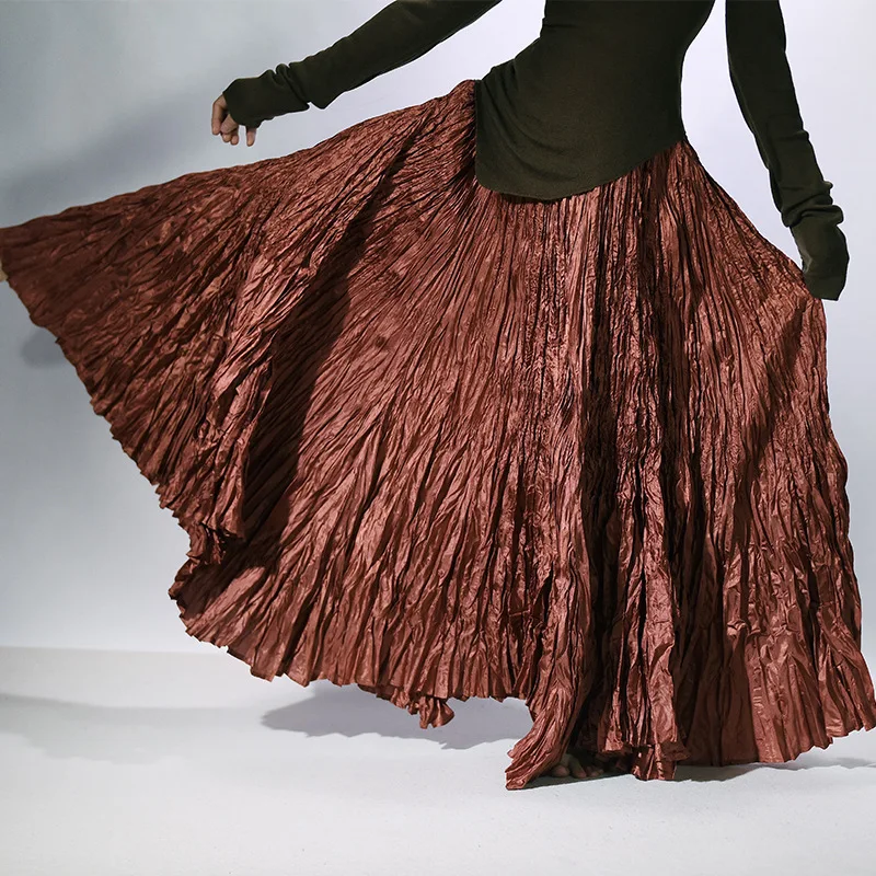 High Quality Women Spring Long Skirts Wide Hem Pleated Design High Waist A-Line Dance Maxi Skirts Faldas Femme Streetwear