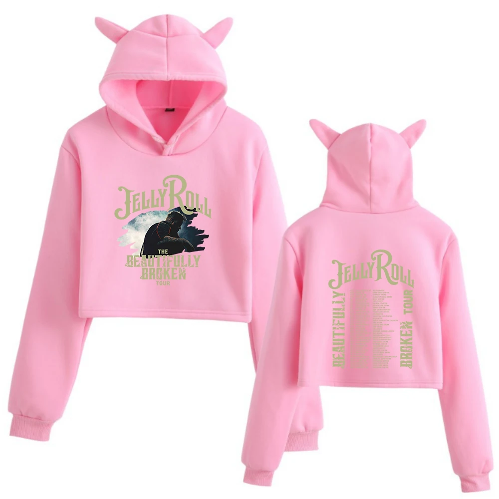 Jolly Roll The Beautifully Broken Tour 2024 Orejas de Gato Tops cortos de manga larga Sudadera con capucha de moda para niñas