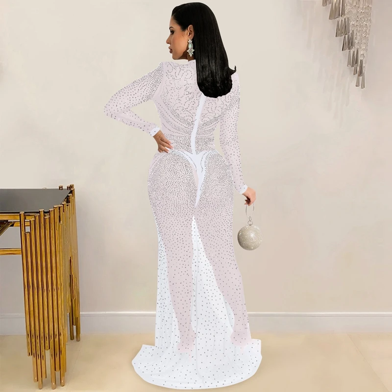 Świecący Rhinestone Maxi suknie wieczorowe dla kobiet 2022 Party Sexy sukienka kobiety elegancka przezroczysta siateczka przepuszczalność długa obcisła sukienka sukienka