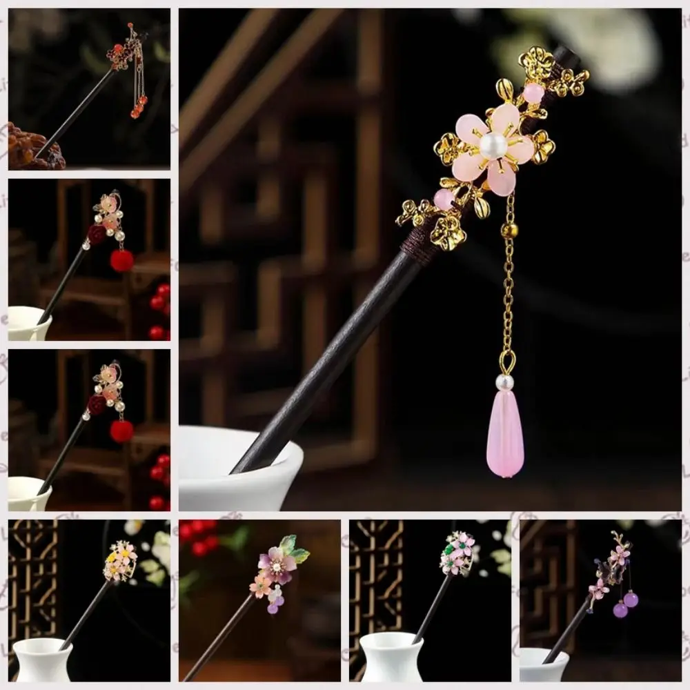 Jewelry Accessories Wooden New Chinese Hair Stick Vintage Flower Hanfu Hair Bun Handmade with Tassel Hairpin Fork for Hanfu