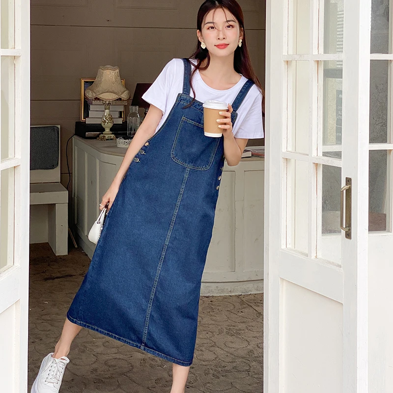 Women Denim Straps Dress 2023 New Spring Summer Loose Straight Dress Female Versatile Casual Mid-Length Split Frock