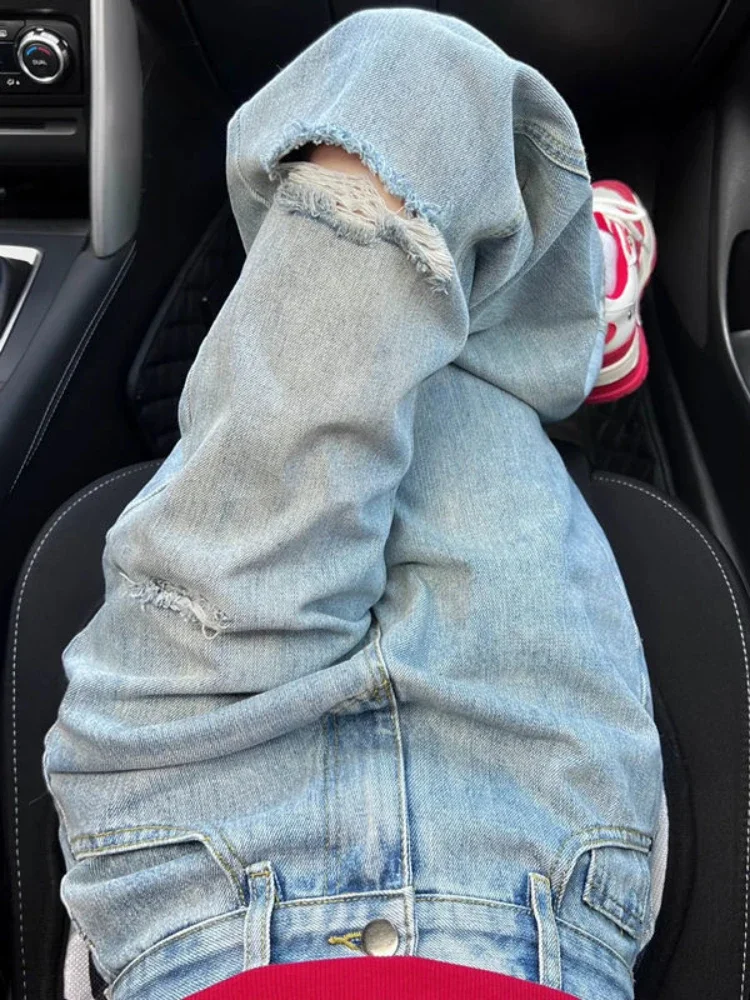 High Street Hole Jeans Women Autumn Harajuku Denim Retro Straight Casual Full Length Lady Empire Vintage Pockets Trendy College