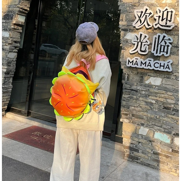 PU leather cartoon cheese big hamburger backpack, cute student schoolbag compartment, large capacity backpack