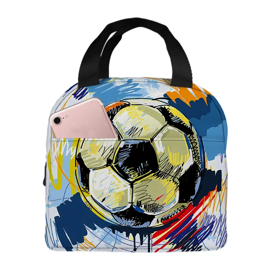 Football Pattern Insulated Small Handheld Lunch Bag for Boys/Girls Children Best Gifts 2D Flat Cartoon Picnic Bag School Bento