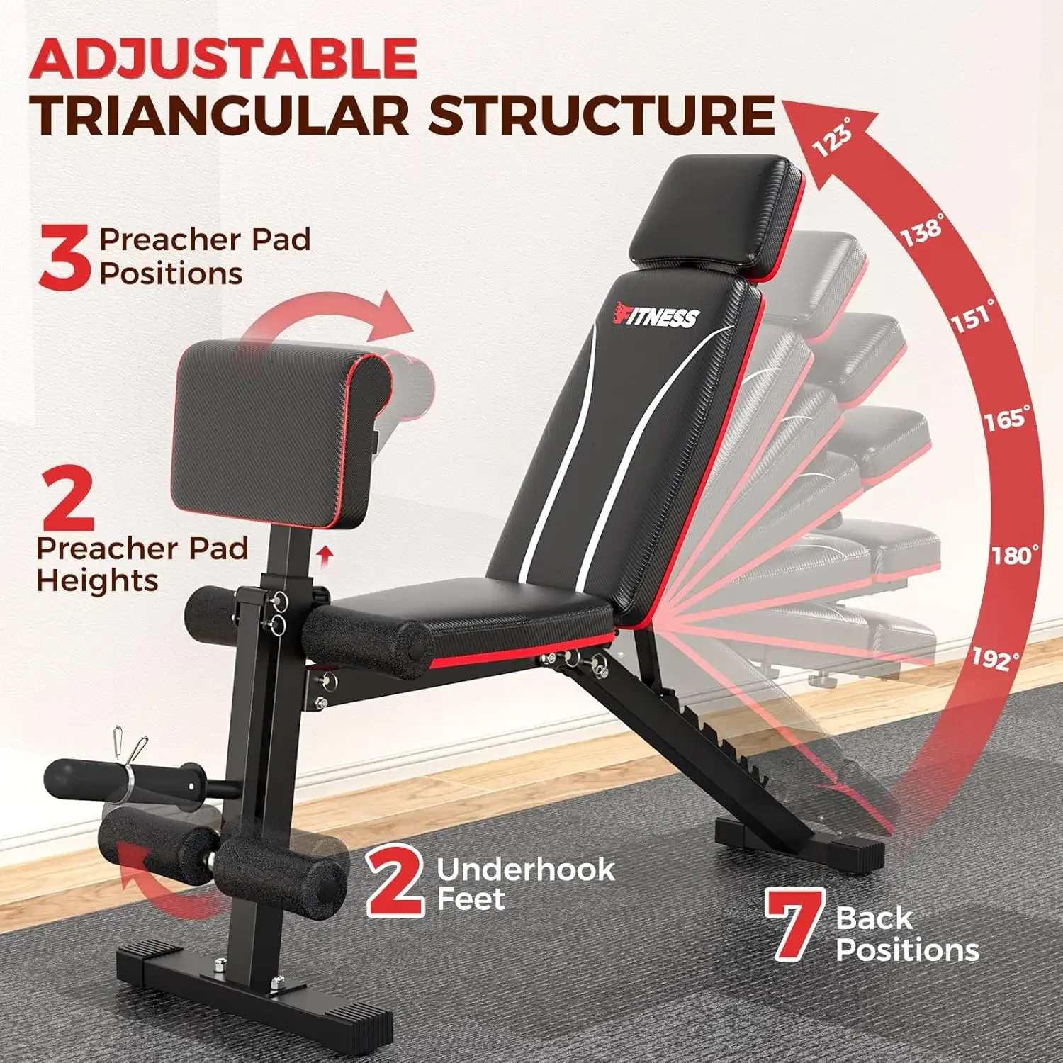 Weight Bench, Workout Bench Press for Home Gym w/Leg Extension, Preacher Pad & Extended Headrest, Foldable Flat Incli