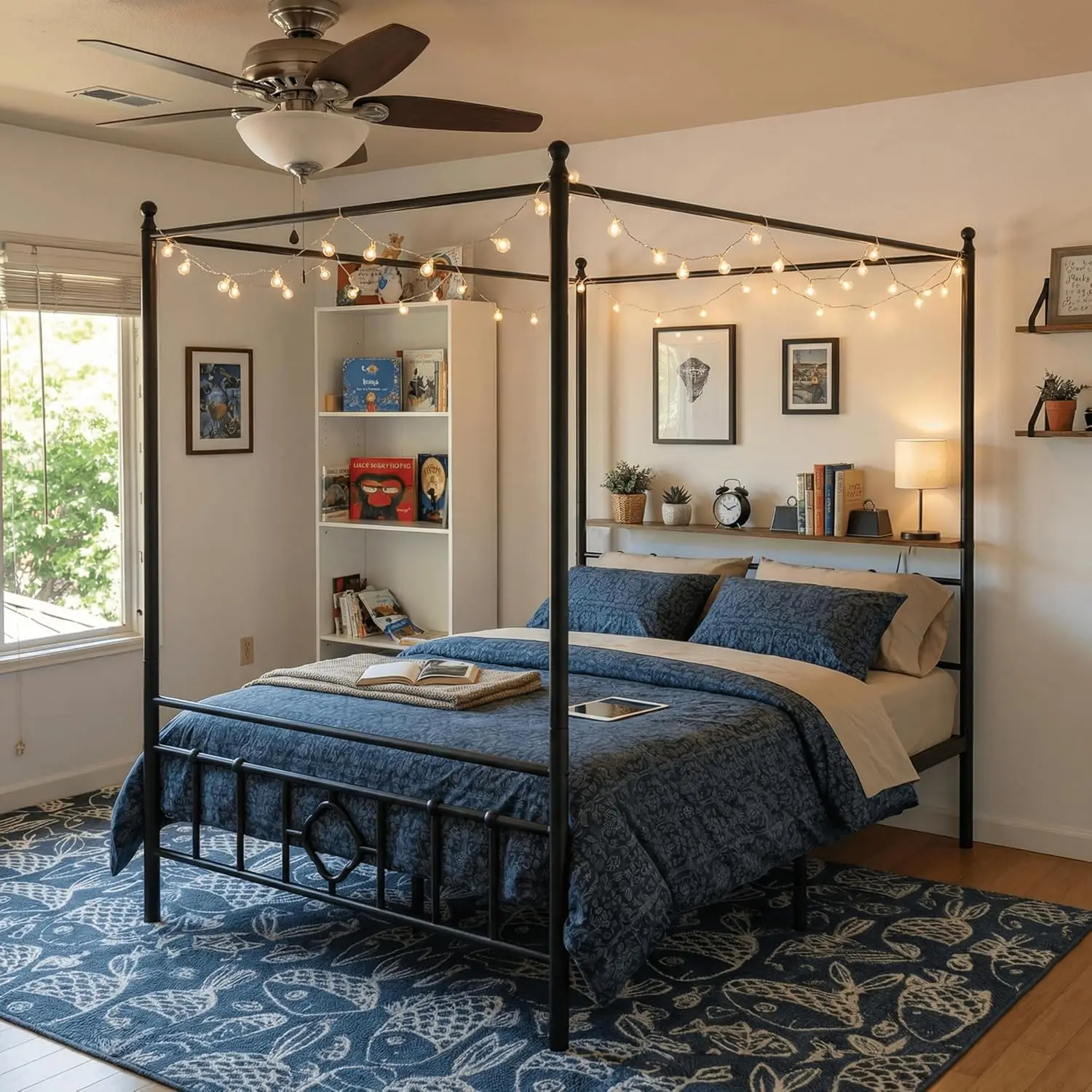 Full Size Canopy Bed Frame Storage Headboard Noise-Free Metal 880lbs Under-bed Space Teens Small Room, Customized