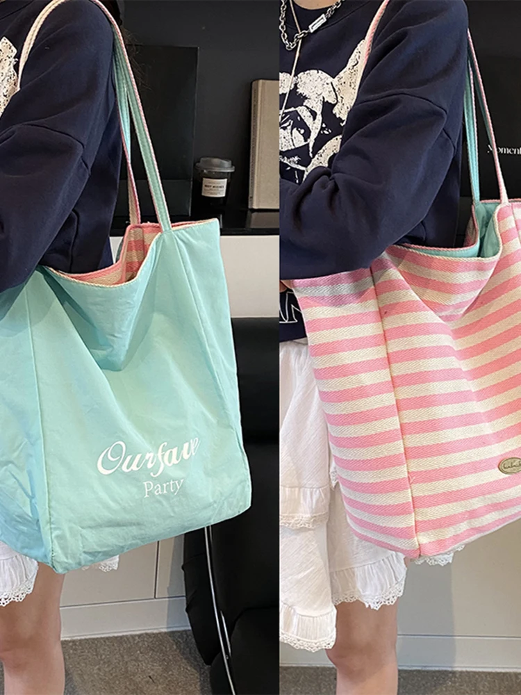 

Lazy Sle Striped Canvas Tote Bag 2025 New Women's Large Capaci Casual Commuting Single oulder Bag Student Faion Trend