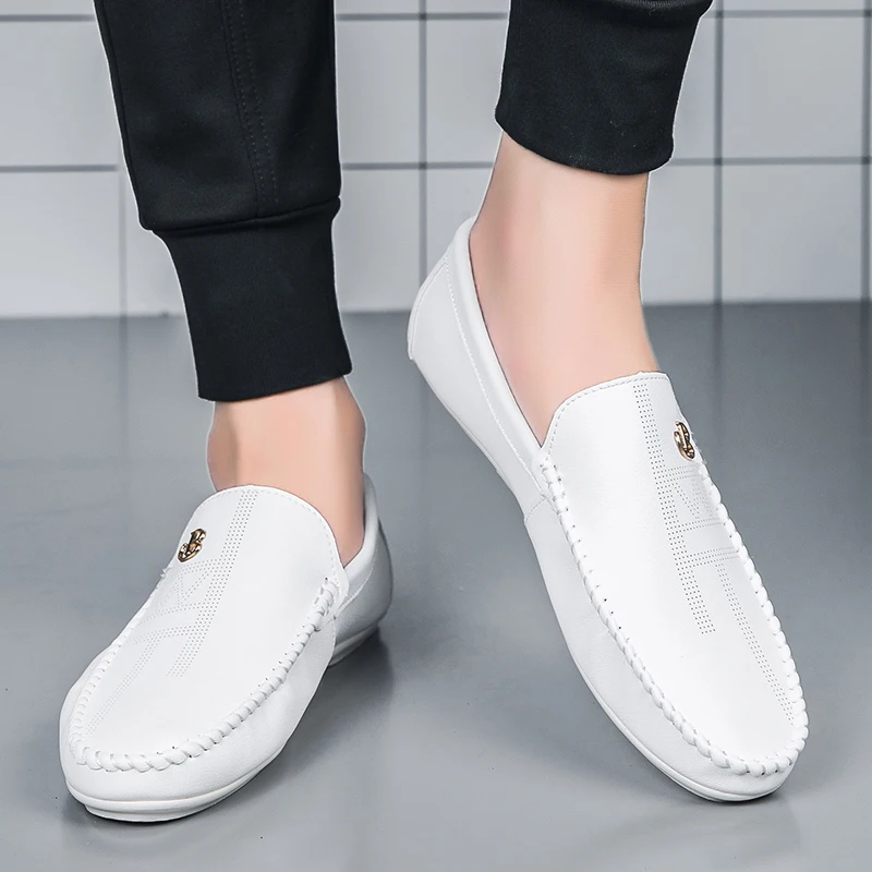 Penny Loafers Shoes For Men Male Boat Shoes 2023 Leather Flat Man Moccasins Mens Driving Shoes Casual Shoe Slip On Flats White