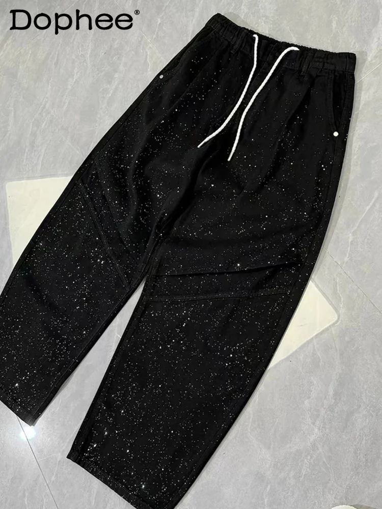 

Men's 2026 Summer High-end Jeans Hot Diamond Starry Sky Design Curved Jeans Loose Comfort Light Luxury Wide-leg Straight Pants