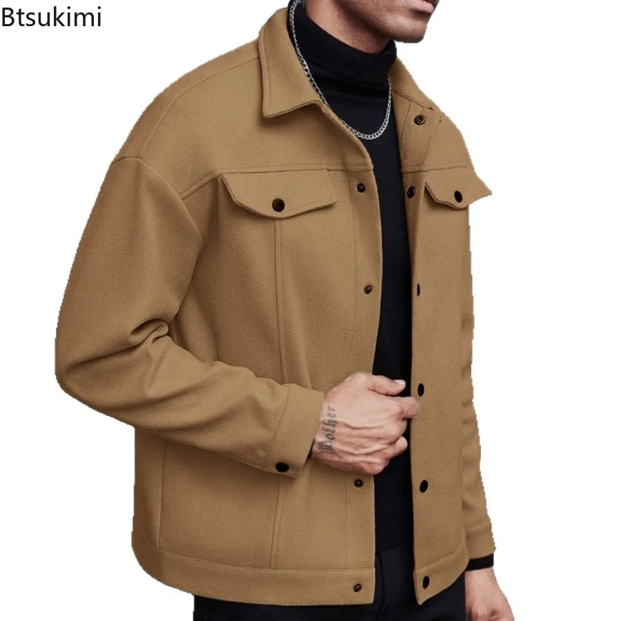 New Autumn Winter Men's Short Woolen Jackets Fashion Solid Lapel Business Casual Coats Single Breasted Men Sports Cargo Jackets