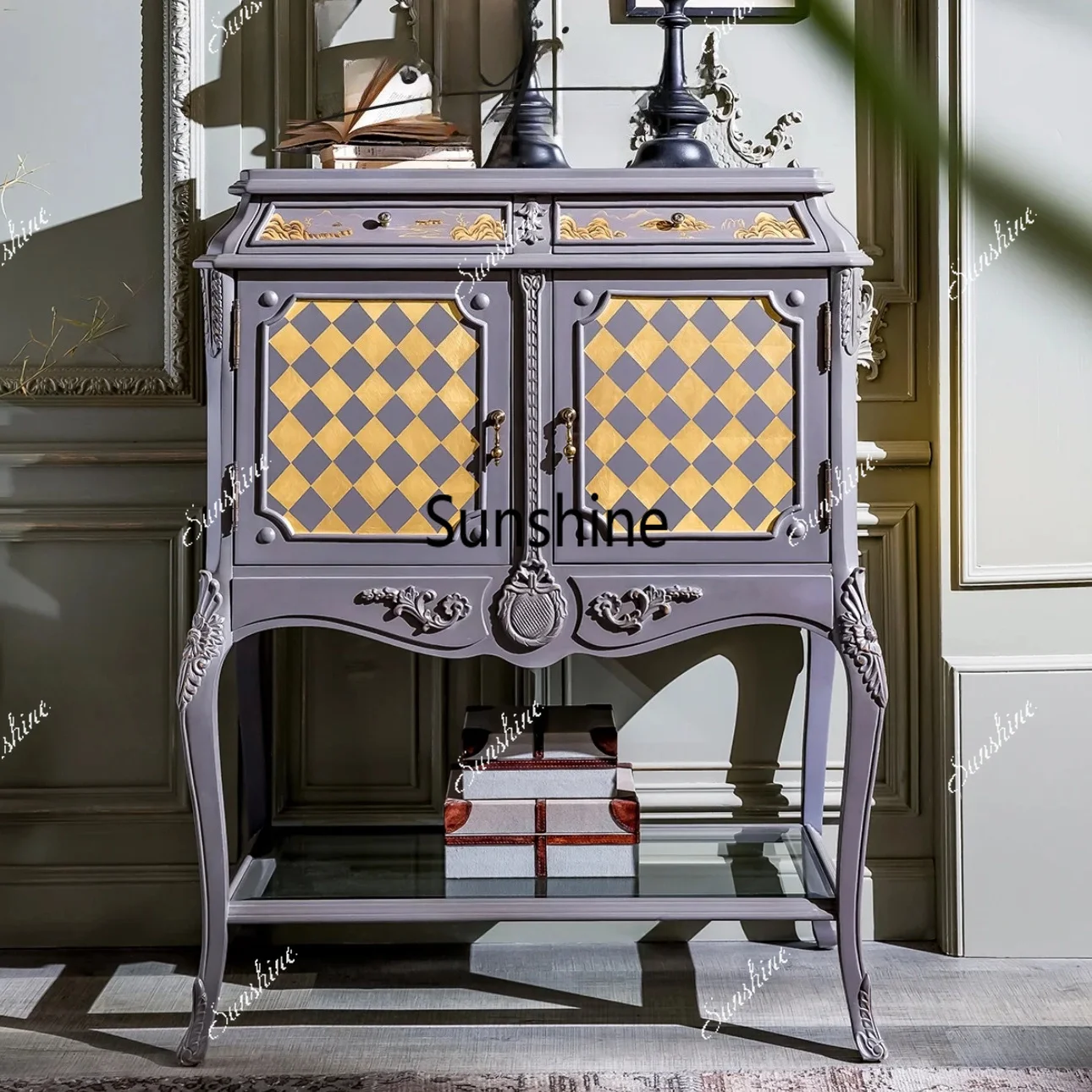 French retro decorative cabinet painted grid light luxury side cabinet