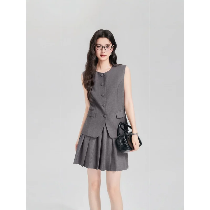 2026New Spring/Summer Sleeveless Suit Vest Set for Women, Summer Elegant Versatile Commuting Pleated Skirt Two-Piece Set for Wom