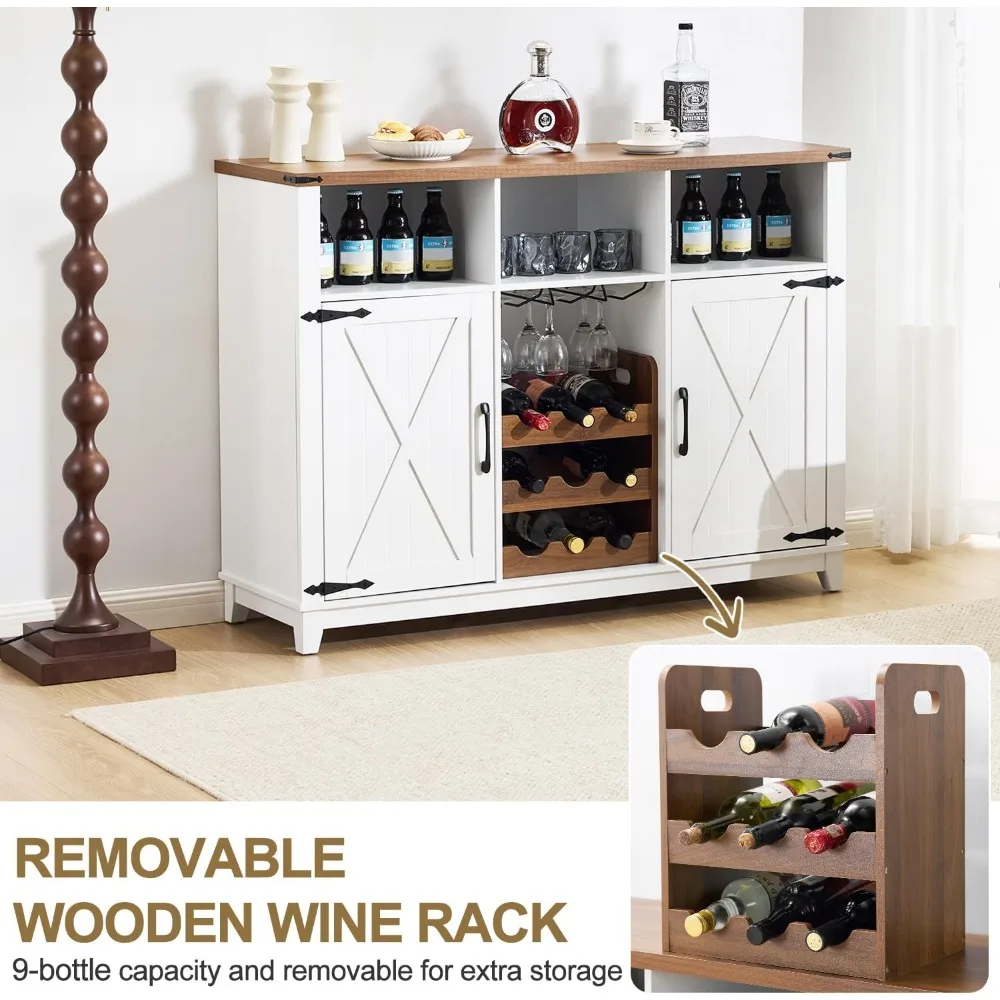 Mueble para bar de vinos de granja, mueble tipo buffet con 51 aparadores con botellero desmontable y 3 compartimentos de almacenamiento abiertos,