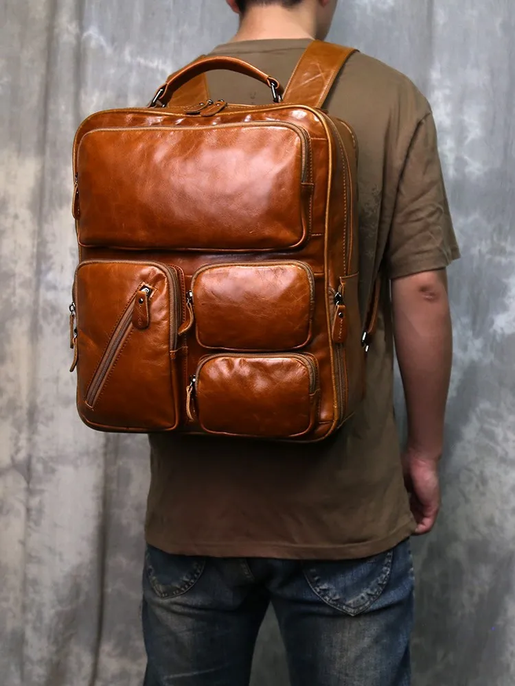 Vintage Mens Cowskin Genuine Leather Backpack Multi Pocket Casual Laptop Bag Large Capacity Casual Male Hiking Travel Backpacks