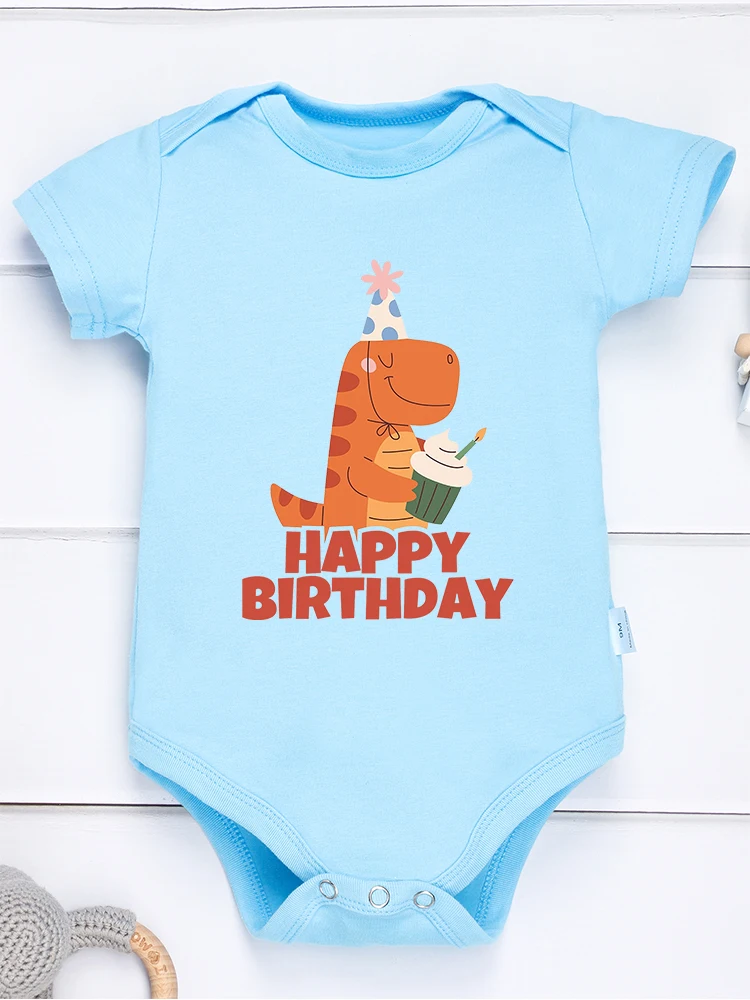 

Happy Birthday Boy Baby Onesies Cute Cartoon Dinosaur Print Newborn Bodysuit Short Sleeve Cotton High Quality Toddler Jumpsuit