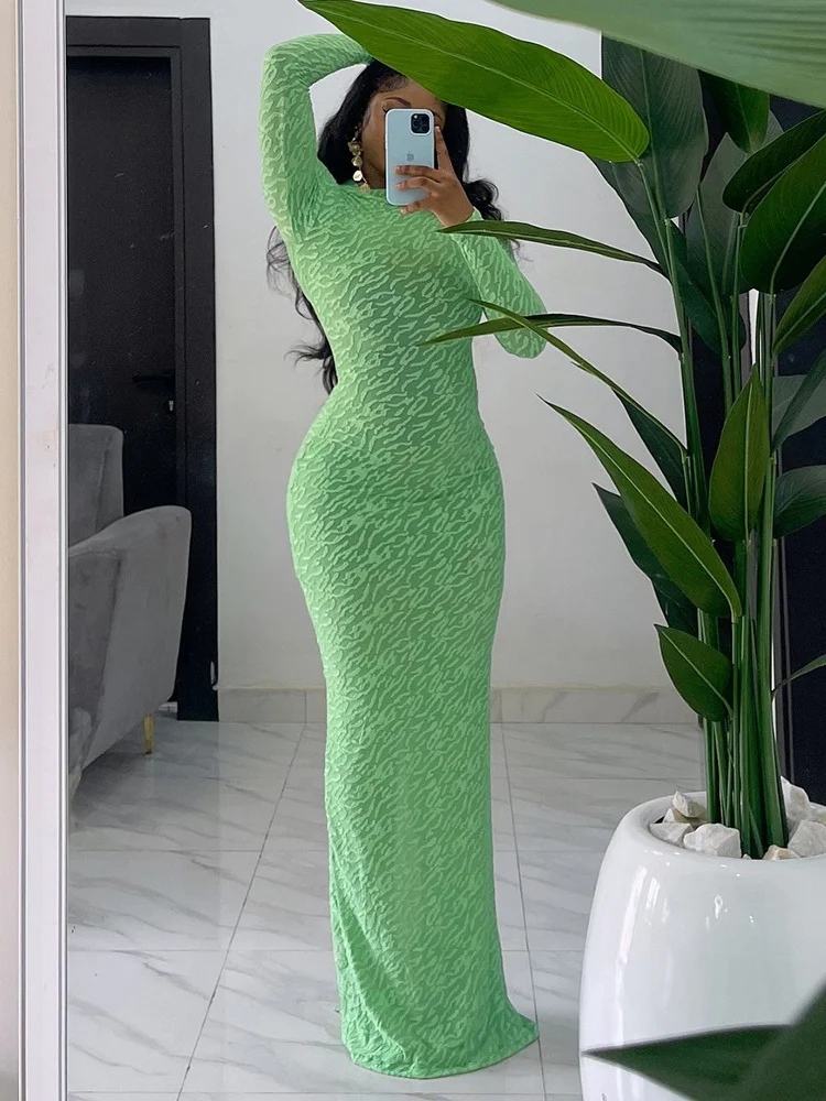 Wmstar Women Dress Autumn Elegant Fashion Solid Color Long Sleeve Pullover Round Neck Floor Length Slim Boydcon Party Dresses