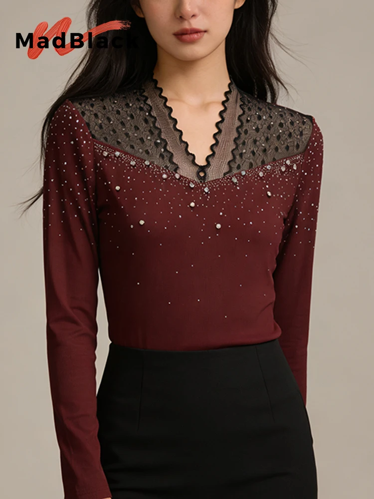 

MadBlack-Женская европейская футболка, сексуальная кружевная лоскутная футболка с V-образным вырезом и бисером, тонкая футболка S-3XL с длинными рукавами, весна 2026 T5D934CC