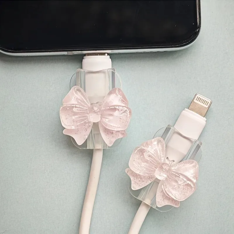 

2 Pieces Beautiful Bow Silicone Charger Cable Protective Cover Cable Holder Clip Anti-break Transparent Cord Cover Wrap