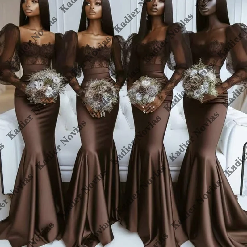 

Long Sleeves Mermaid Brown Bridesmaid Dresses Robes Invitee Mariage Customized Wedding Guest Party Dress