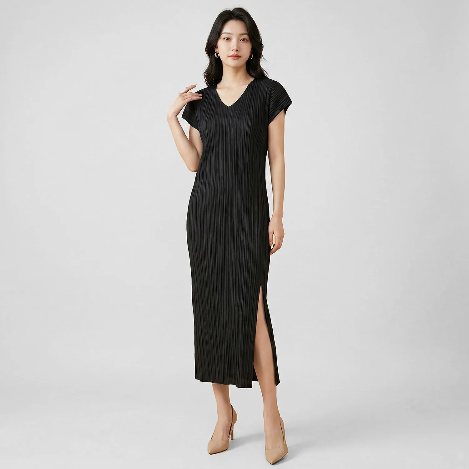 

High Quality V-neck Split Fashion Elegant Look Thin Skirt French Dress Women Summer
