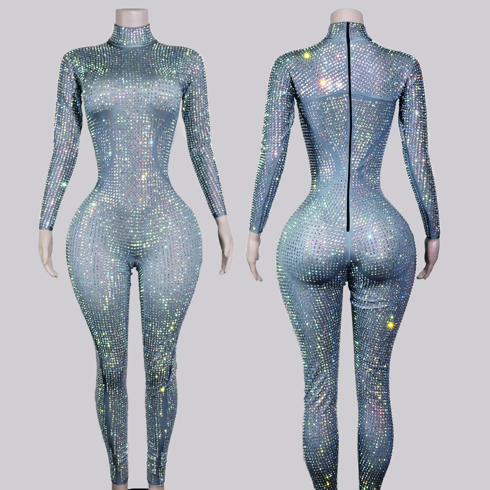 Luksusowe kombinezony z pełną aplikacją srebrnych cyrkonii, stroje sceniczne dla tancerki gogo, strój urodzinowy dla drag queen, strój dla piosenkarki, na wieczorne przyjęcie, do klubu, dla showgirl