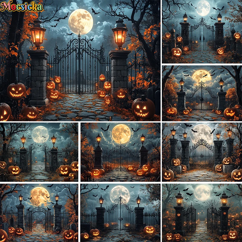 Mocsicka Haunted Gates Halloween Backdrops Kids Adult Photography Party Birthday Child Baby Cemetery Ghost Photocall Props