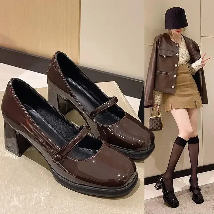 Comemore Summer New Patent Leather Brown Shoes Vintage Thick High Heels Shoes Women Woman Square Toe Chunky Heels 2024 black