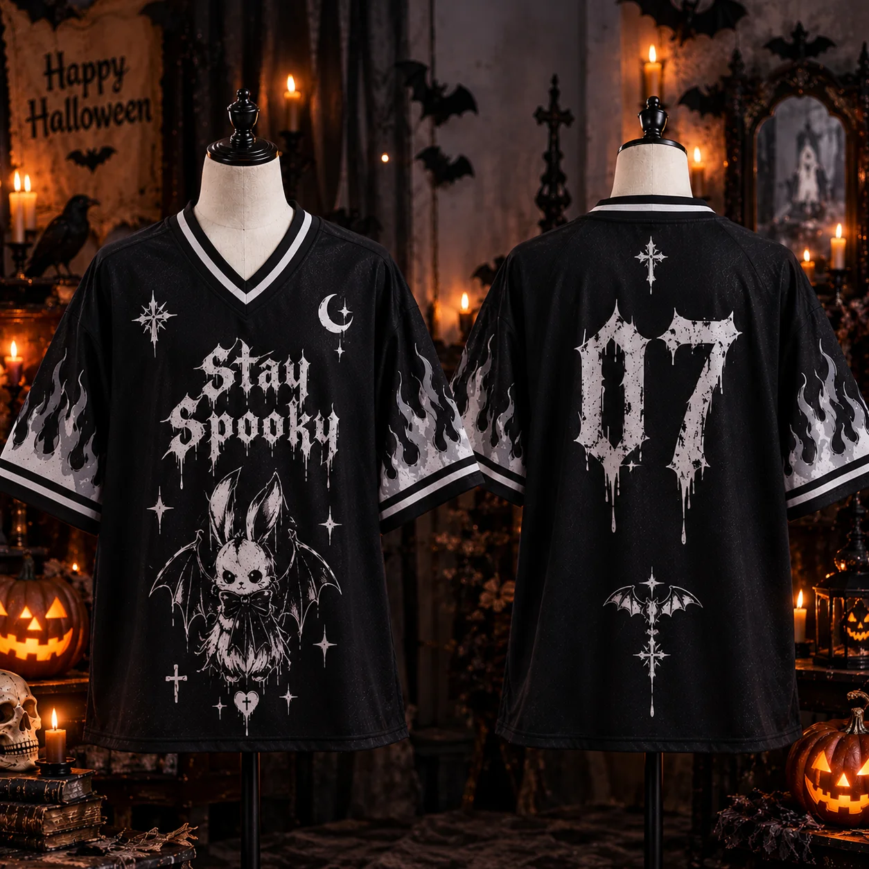 2026 New Halloween Stay Spooky Bat Bunny V-Neck Jersey,Flame Print Oversized Punk Streetwear T Shirt for Men Women